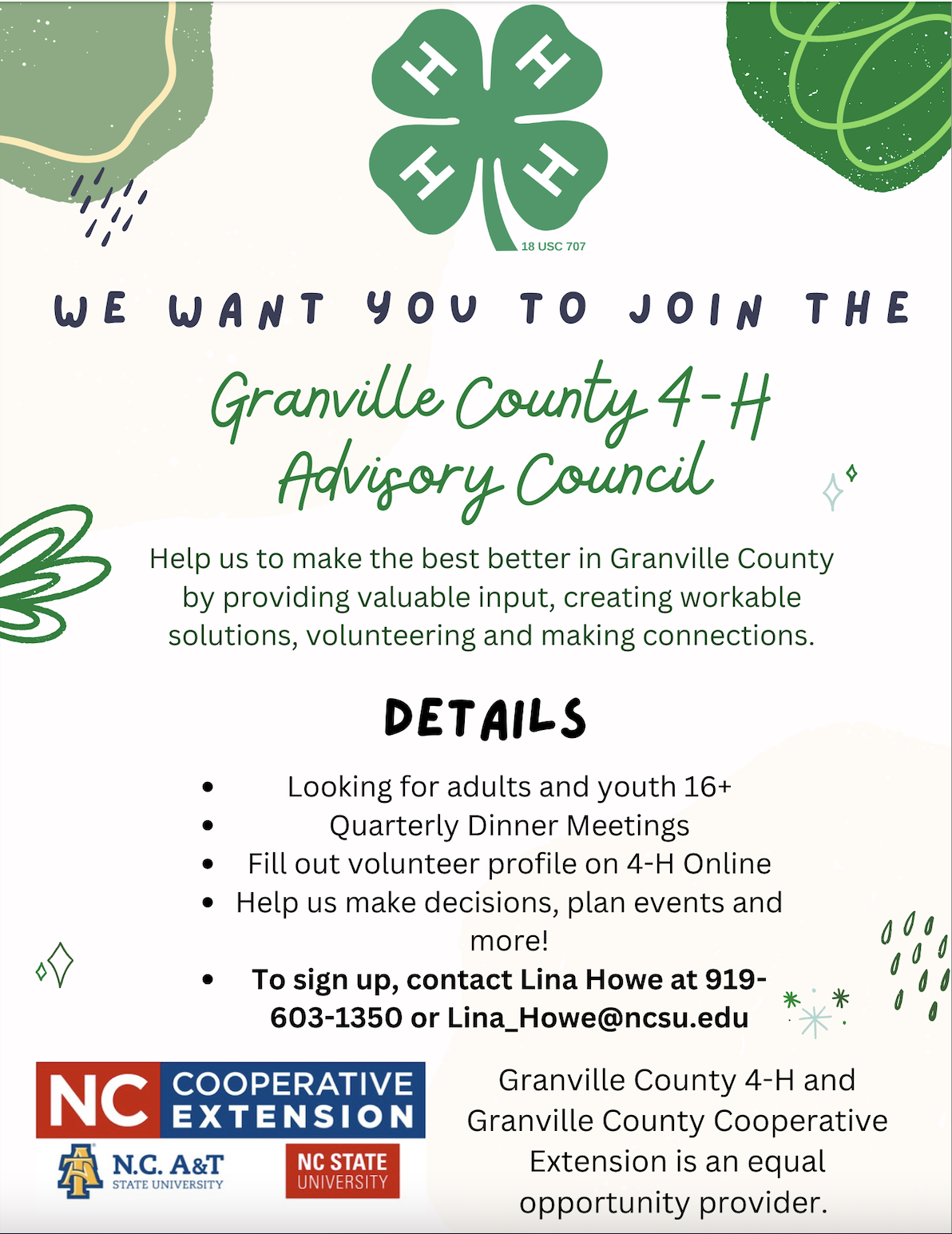 We want you to join the Granville County 4-H Advisory Council. Help us to make the best better in Granville County by providing valuable input, creating workable solutions, volunteering and making connections.